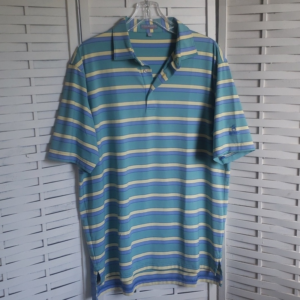 Peter Millar blue/green striped short sleeves mens polo shirt size L